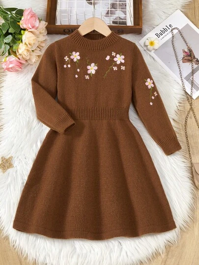SHEIN Vintaside Kids New Stylish High Neck Embroidered Waist Fashionable Sleeve Embroidery Casual Knit Sweater Dress For Girls, Perfect For Parties, Outings, Vacations, And Everyday Wear In Autumn And Winter Seasons Girl S Spring And Autumn Dress Fall Dress For Girl Girl Clothes Autumn And Winter Clothes Brown Dress For Girls Autumn And Winter Young Girls Dressse Girls Autumn Winter Dress Girls Spring And Autumn Dress