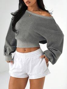 Dewbera 女士休闲日常通勤简约撞色绑带不对称肩部宽松宽下摆短款运动衫，春/秋 - 灰色 - 查看 5