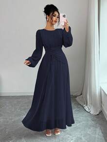 Elenzga 女士春夏法式浪漫西西里优雅休闲通勤度假下午茶派对圆领褶皱腰抽绳 A 字形松紧腰长袖长裙 - 藏蓝色 - 查看 4