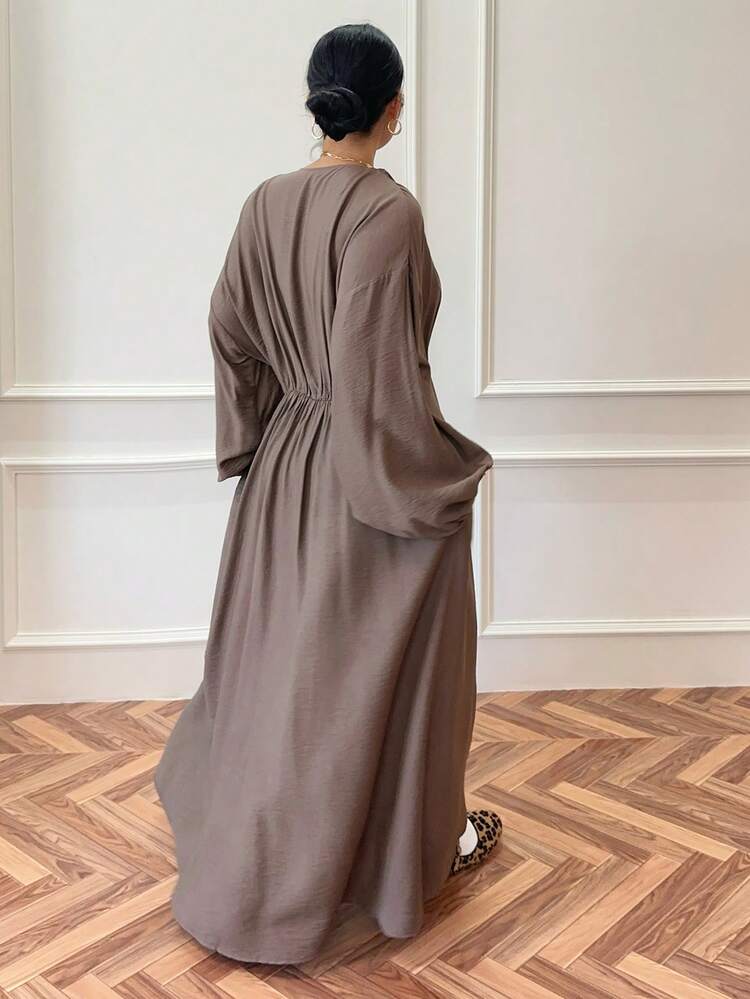 Dazy Plus Plus Size Women V-Neck Lantern Sleeve Waist Cinched Long Dress, Suitable For Dates And Parties, Spring/Autumn Maxi Dress
