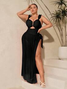 Swim Oasis Bộ đồ bơi liền thân màu đỏ trơn thiết kế thường ngày dành cho nữ cỡ lớn + váy 2 món đi biển - màu đen - Xem 6