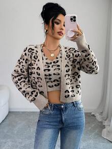 SHEIN Elenzya 2 piezas Conjunto vintage elegante de punto, chaleco de cuello halter + cárdigan cómodo, con estampado de leopardo de moda, adecuado para fiestas de otoño/invierno, salidas, viajes y citas - Caqui - Ver 6