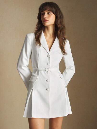 BizChic 2025 Autumn/Winter New Elegant Urban Formal Dress, Suitable For Workplace, Business, Office, Wedding Guest, Party, Featuring Front Button Closure, Waist Adjustable Buckle, Pleated Hem, Fashion Commuter Dress