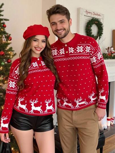 Manfinity RelaxMax Suéter navideño para hombres con patrón de dibujos animados de familia, de manga larga, cuello redondo, informal y de moda. Suéter navideño para hombres. Suéter de punto con patrón retro de bandera para hombres. Suéter de punto con diseño de renos para hombres. Suéter navideño de punto para hombres.