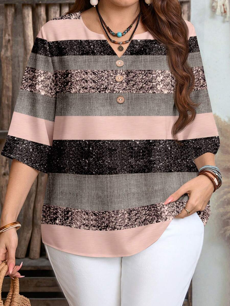 EMERY ROSE Plus Size Casual Striped Print Shirt, Suitable For Spring/Autumn Party,Flower/Summer/Vacation - Multicolor - View 1