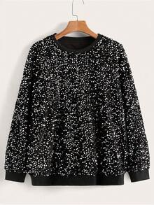 Comfylo Plus Size Sequin Decor Round Neck Long Sleeve T-Shirt, Party Sequin Winter New Year Sparkly Black Top