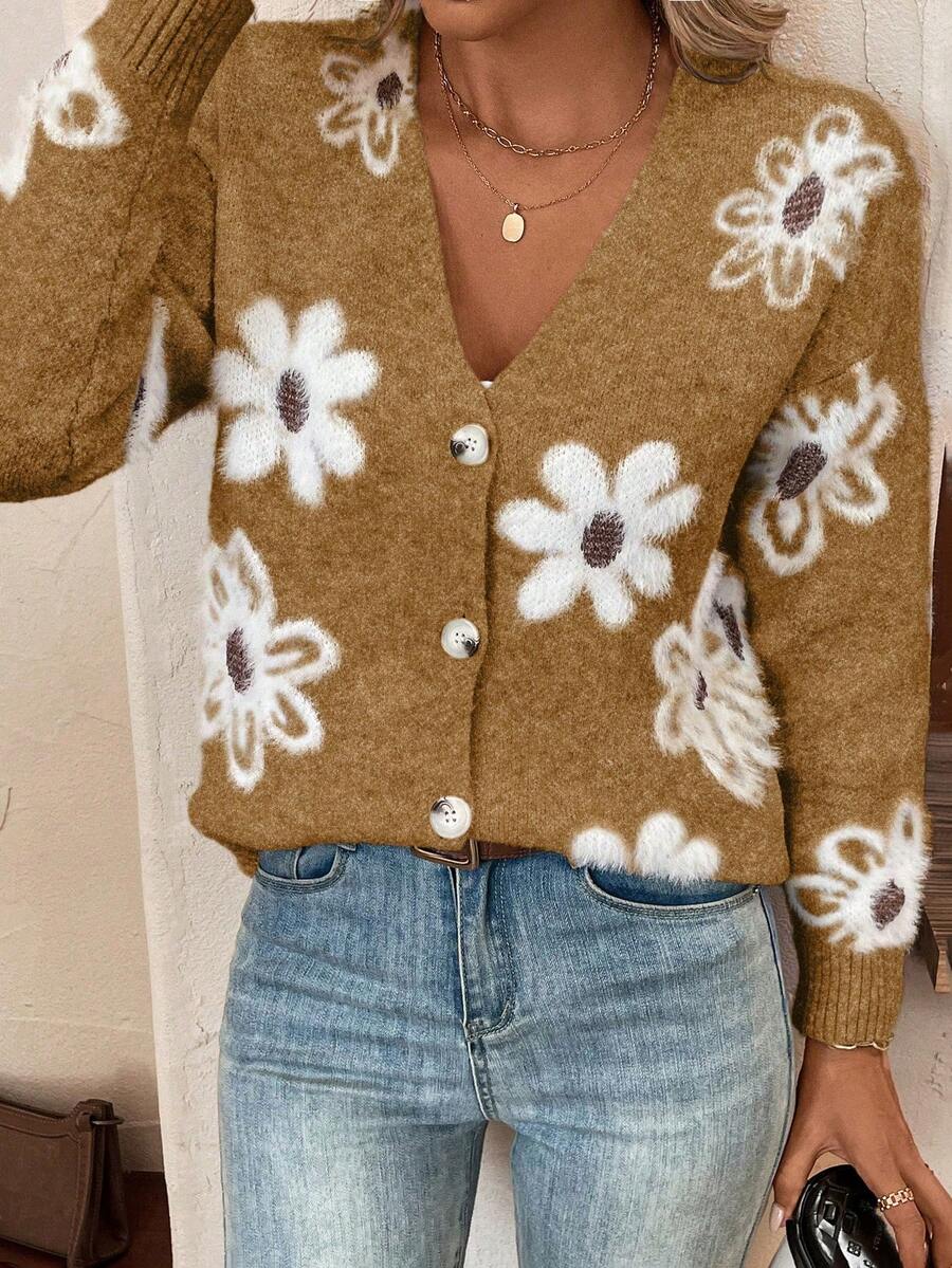 Chiquease 女式花卉图案落肩长袖休闲针织开衫，秋冬 - 棕色 - 查看 1