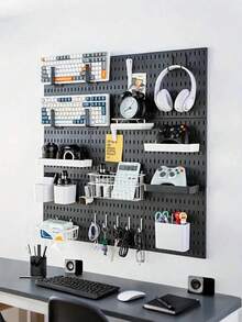 带挂钩和收纳盒的壁挂式收纳整理板，预钻孔的可安装式挂板，适用于厨房、卧室、浴室、书房，也是节省空间的桌面展示和收纳方案，适用于家庭办公室、车库、工作室和手工室。 - 彩色 - 查看 1