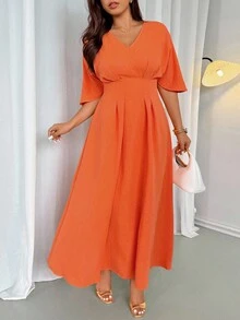 Firerie 加大码 V 领高腰褶皱拉链喇叭形 A 字中长连衣裙，优雅休闲通勤风格，适合春夏度假 - 亮橙色 - 查看 6