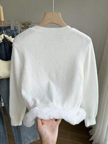 Genkimix Kids Jersey de niña con tejido especial de hilo, adornos de lentejuelas y perlas, cuello redondo, manga larga, jersey de punto, diseño de lujo con combinación, sensación de alta gama, estilo académico blanco puro, otoño/invierno