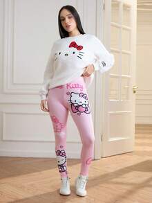 HELLO KITTY AND FRIENDS | SHEIN Quần legging cạp cao họa tiết mèo và chữ màu hồng dễ thương dành cho nữ - Hồng - Xem 6