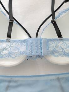 DelicateAllure 2 件套钢圈塑形罩杯提升乳沟增强对比色蕾丝拼布荷叶边花卉蕾丝可爱清新舒适半罩杯文胸套装女士 - 淺藍色 - 查看 7