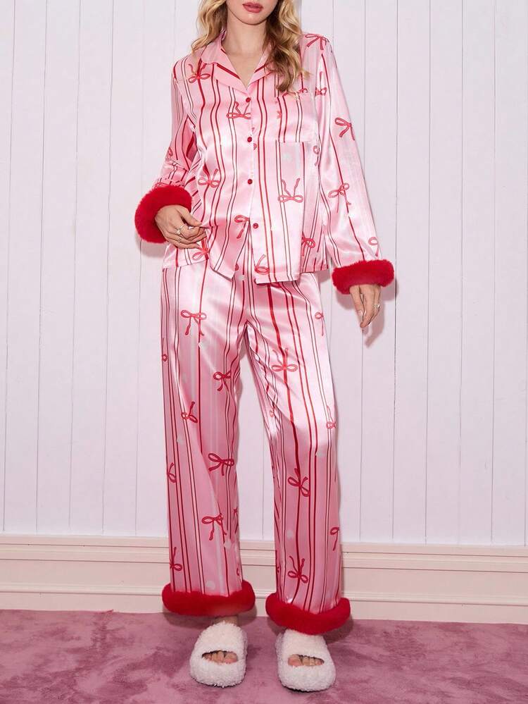 Conjunto de pijama a rayas con lazo dulce para mujer, pijama rojo con puños esponjosos, conjunto de pijama de seda a rayas, conjunto de pijama rojo, conjunto de pijama de 2 piezas para otoño e invierno, para Navidad - Multicolor - Añade 4