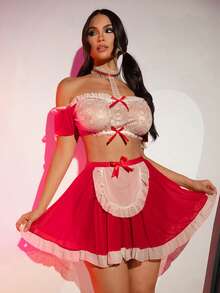 Fantasy Costume 3 Peças Conjunto de Lingerie de Renda Retalhos de Natal para Mulheres - Vermelho e Branco - Visão 7
