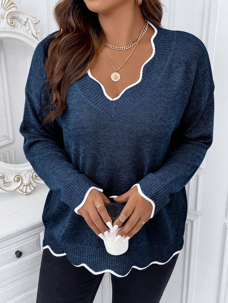 Calvaya 大码女式时尚优雅V领长袖套头毛衣 - 藍色 - 查看 1