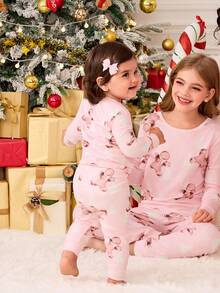 SHEIN Tween Girls Casual Homewear Crew Neck Long Sleeve Pajama Set - Pink - View 6