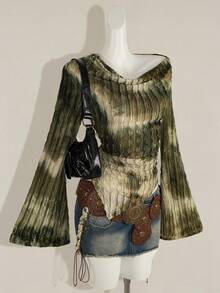 SHEIN ICON 秋季女式西部波西米亚风复古哥特露肩外出扎染印花不对称下摆长袖喇叭袖时尚T恤 - 軍綠色 - 查看 5