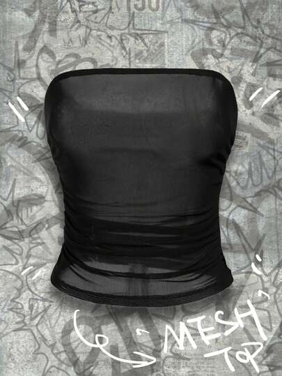 Y2Kool Top bandeau de malla semitransparente para mujer, adecuado para fiestas, vacaciones y vuelta al cole. Top tubo negro, top sin tirantes negro, top transparente negro, top de malla negra, top tubo transparente negro. Idea de combinación casual, colección de ropa elegante, atuendos para Año Nuevo