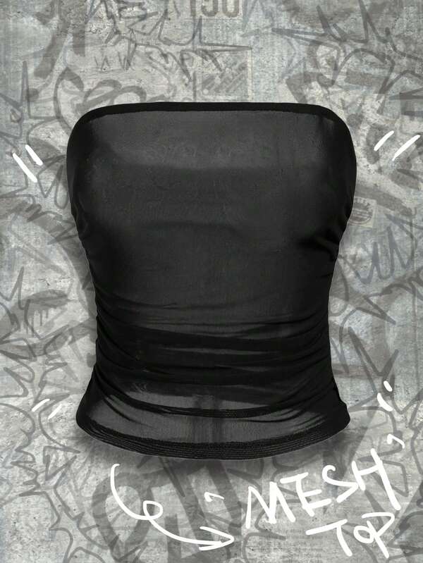 Y2Kool Halloween-Bandeau-Top für Damen, halbtransparent, aus Mesh, geeignet für Partys, Urlaub, Schulanfang. Schwarzes Tube-Top, schwarzes trägerloses Top, transparentes schwarzes Top, schwarzes Mesh-Top, schwarzes transparentes Tube-Top, lässige Kombinationsmöglichkeiten, stylische Kleidung, Silvester-Outfits.