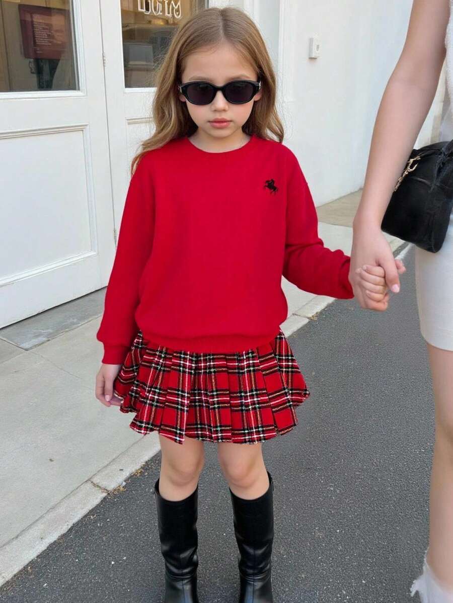 SHEIN 小女孩衣服纯红色圆领刺绣运动衫搭配格子百褶裙青少年女孩 2 件套,红色格子裙套装,圣诞裙套装 - 紅色 - 查看 1