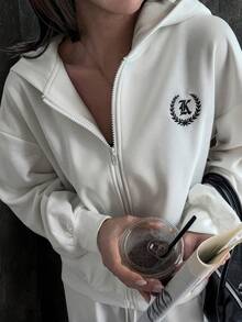 Livesso Women's Autumn Letter Embroidery Drop Shoulder Long Sleeve Zipper Front Casual Sweatshirt Hoodies - White - View 1