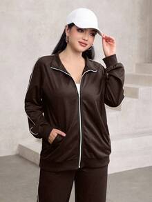 Mulvari 2pcs Set Women Raglan Sleeve Zip-Up Colorblock Elegant Cardigan And Pants - Brown - View 4