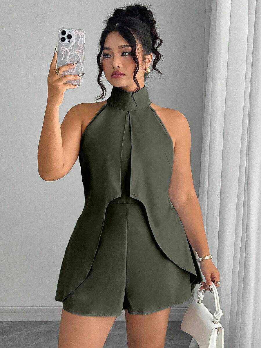 Elenzga Plus Size Women Solid Color Casual Halter Romper Green Romper Women Sage Dress Dress Romper Olive Dress