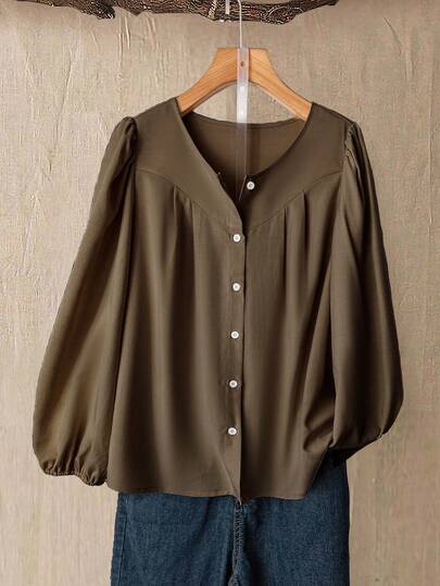 Linhara Plus Size Women Casual Elegant Round Neck Loose Flattering Long Sleeve Shirt, Autumn