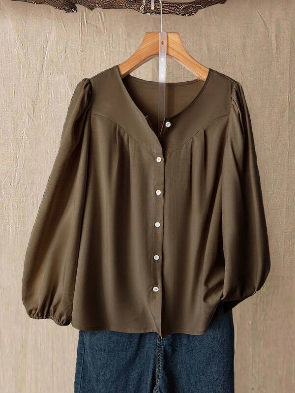 Linhara قميص نسائي كاجوال أنيق بياقة مستديرة فضفاض ومُرضٍ بأكمام طويلة، خريفي