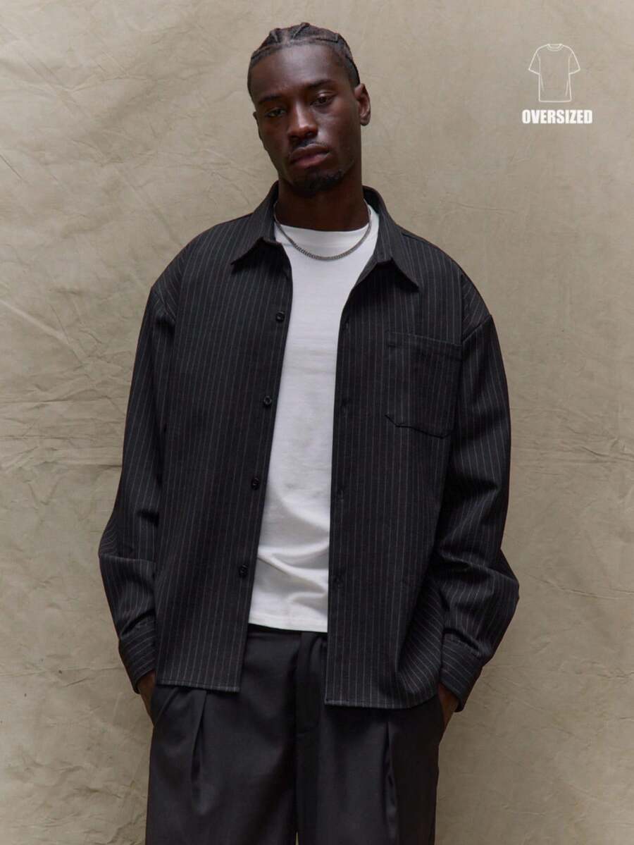 Musero Long Sleeve Oversized Button Through Collared Pin Stripe Shirt Fall Autumn Winter