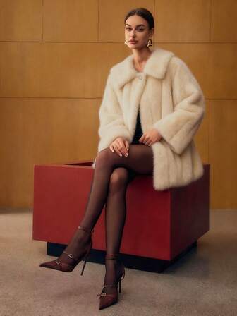 MOTF PREMIUM 우아한 싱글 버튼 인조 모피 칼라 코트