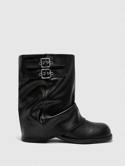 CUCCOO BIZCHIC Black Mid-Calf Buckle Boots | Adjustable Metal Strap | Natural Wrinkled Matte Leather | Comfortable Chunky Heel | 2 Pairs, Premium Leather-Look