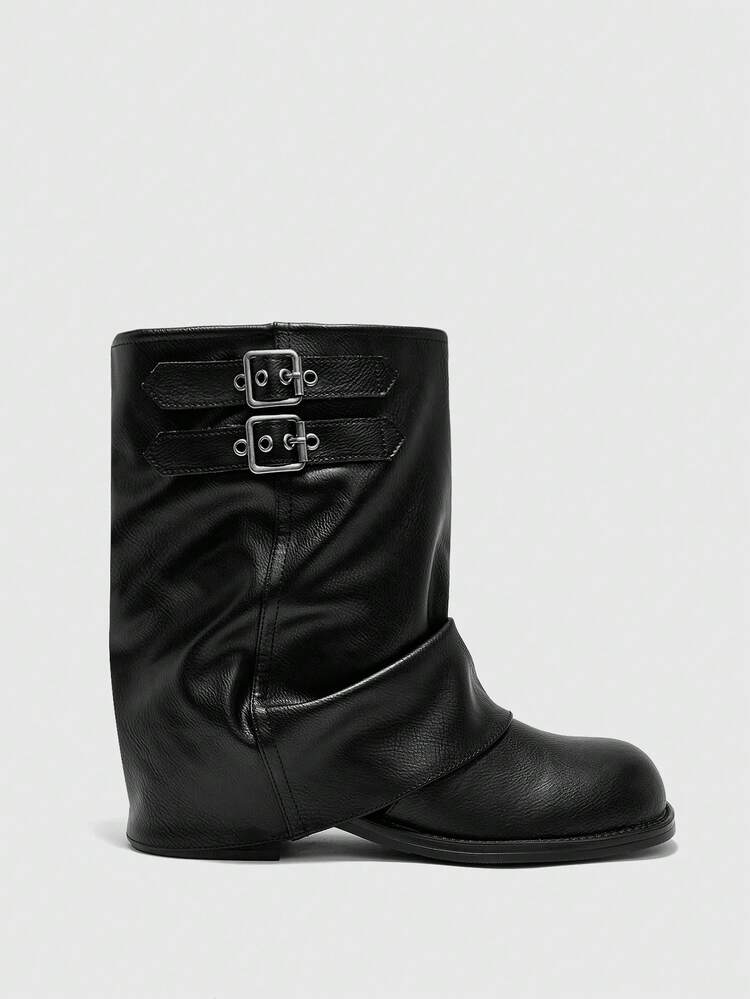 CUCCOO BIZCHIC Black Mid-Calf Buckle Boots | Adjustable Metal Strap | Natural Wrinkled Matte Leather | Comfortable Chunky Heel | 2 Pairs, Premium Leather-Look