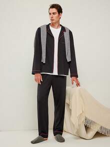 LUVLETTE Christmas & New Years Pajamas Couple Autumn And Winter Soft 100% Pure Cotton Basic Black Long Button-Up Top & Pants Pajama Sets For Men Lounge Sets For Men Pants With Pockets Fall Pajamas - Black - View 2