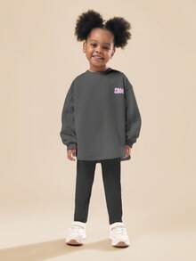 SUMWON Young Girls Oversized Sweatshirt And Ribbed Leggings Co-Ord Set With Pink Bubble Letter Print For Casual And Vacation - Dark Grey - View 2