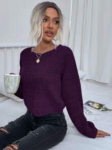 EMERY ROSE Women's Solid Color Minimalist Casual Crew Neck Long Sleeve Sweater - Purple - View 4