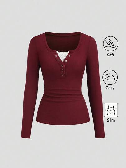 SHEIN PETITE Women's Lace Trim Mock Neck Long Sleeve Solid Color T-Shirt, Autumn