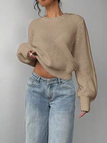 SHEIN BASICS Women's Casual Solid Color Round Neck Drop Shoulder Sweater, Autumn/Winter,Fall,Fall Clothes For Women - Apricot - View 3