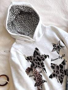 Teenager Mädchen Lässig Leoparden Muster & Stern Muster Pullover Hoodie Sweatshirt, geeignet für Straße und Campus Alltag, Frühling/Herbst/Winter