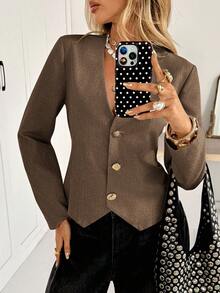 Siren Gaze Women's V-Neck Front Button Elegant Office Wear Long Sleeve Blazer Winter Brown Casual - Brown - View 3