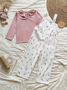Vintaside Kids Young Girl Casual Solid Color Ruffle Trim Long Sleeve Top And Ditsy Floral Suspender Pants Set, Autumn - Pink - View 2