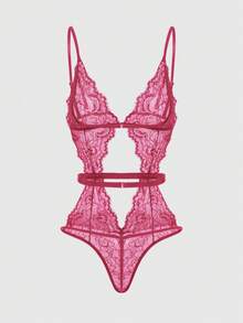 ROMWE Goth Floral Lace Cutout Sexy Jumpsuit - Hot Pink - View 2