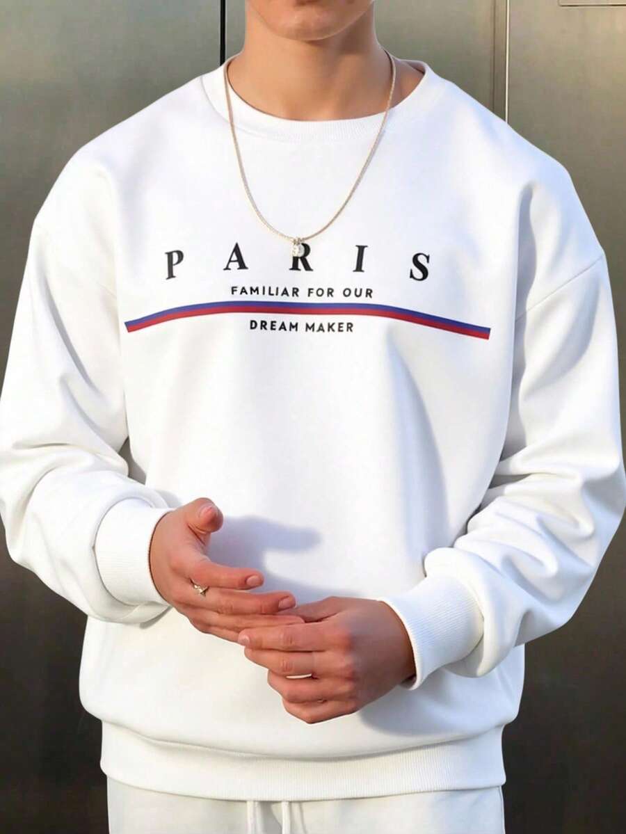 SHEIN 男童休闲舒适英文印花长袖卫衣,时尚百搭,适合秋冬季节穿着。 - 白色 - 查看 1