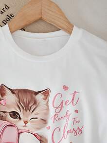 SHEIN 2 件套女童休闲可爱卡通猫咪印花圆领短袖上衣和百褶裙套装