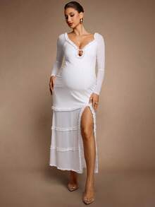 MaterniChic Maternity White Autumn Elegant Pregnant Dress, Solid Color Frill Trim Raglan Sleeve Side Slit Fitted Luxury Baby Shower Pregnancy Photoshoot Dress - White - View 8