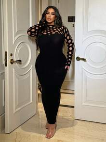 NU&NOW 大码女式性感镂空长袖连衣裙 - 黑色 - 查看 5