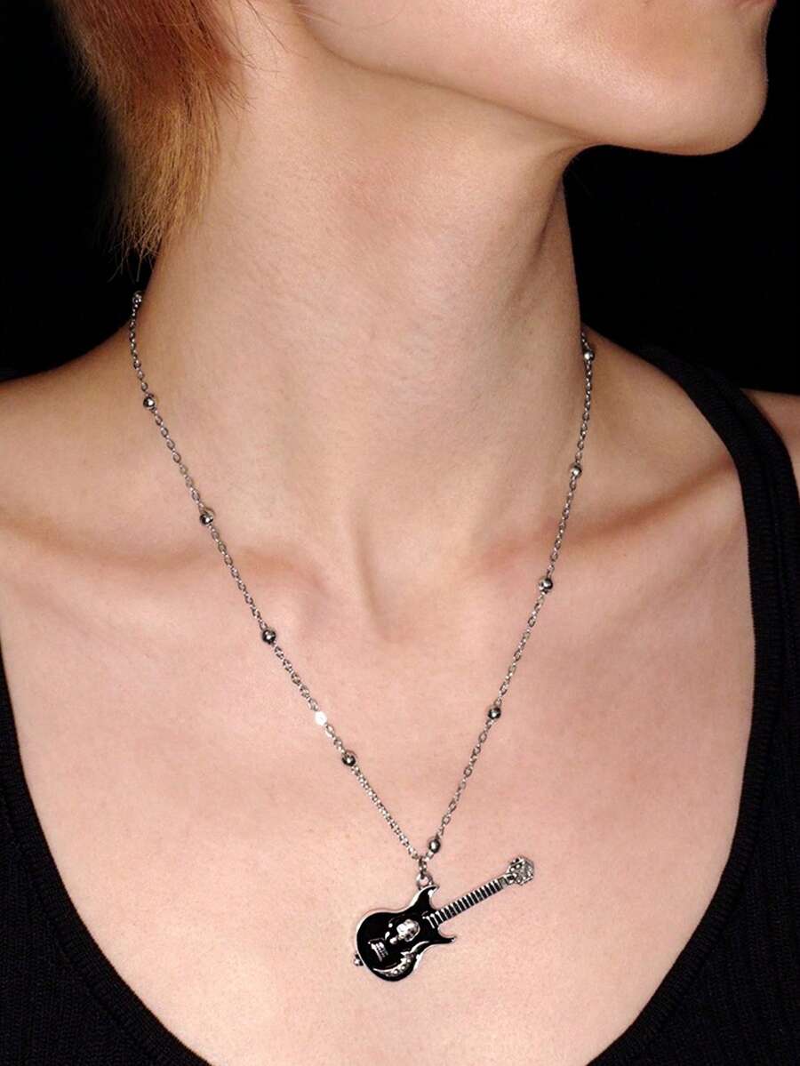Y2Kool 1pc Y2k Gothic Rock Punk Skull Guitar Necklace, Daily Wear And Party For Both Male And Female - Gun Black - View 1