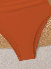Swim Basics 春假女士纯色褶皱肩带极简连体泳衣，节日波西米亚橙色连体泳衣，橙色女式泳衣 - 橘色 - 查看 6