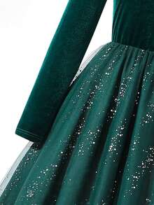 SHEIN Women's Green Velvet Sequin & Mesh Patchwork Dress, Suitable For Parties, Christmas