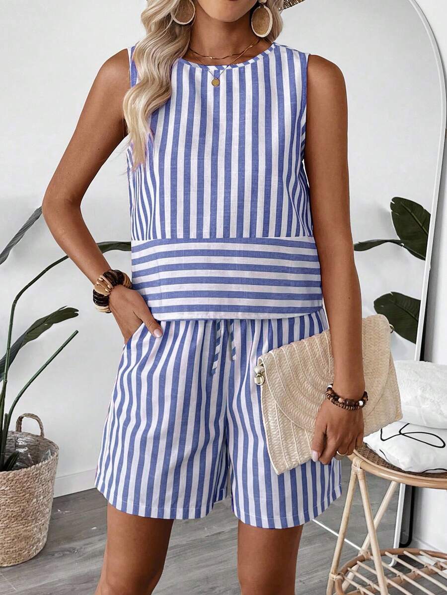 EMERY ROSE 2pcs/Set Women Casual Sleeveless Striped Round Neck Top And Shorts Set, Summer - Blue and White - View 1